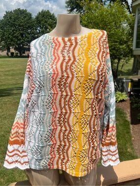 Cato Multicolor Open-Knit Stripe Sweater - Yellow, Rust & Sky Blue XL